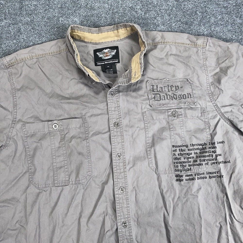 Harley Davidson Men's Gray Button Down Short Sleeve Work Shirt 2XL Graphic Print
